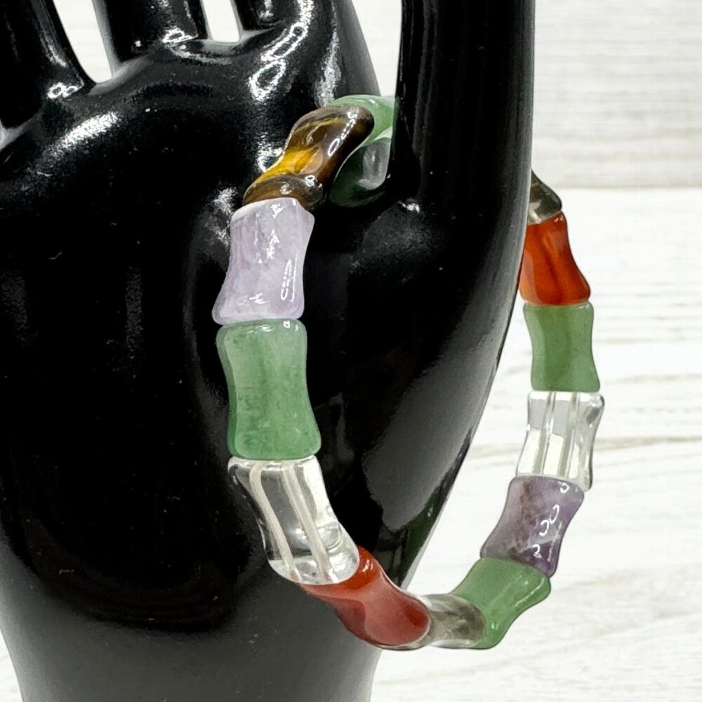 Multicolored Various Polished Semi Precious Gemstones Stretchy Bracelet Chakra